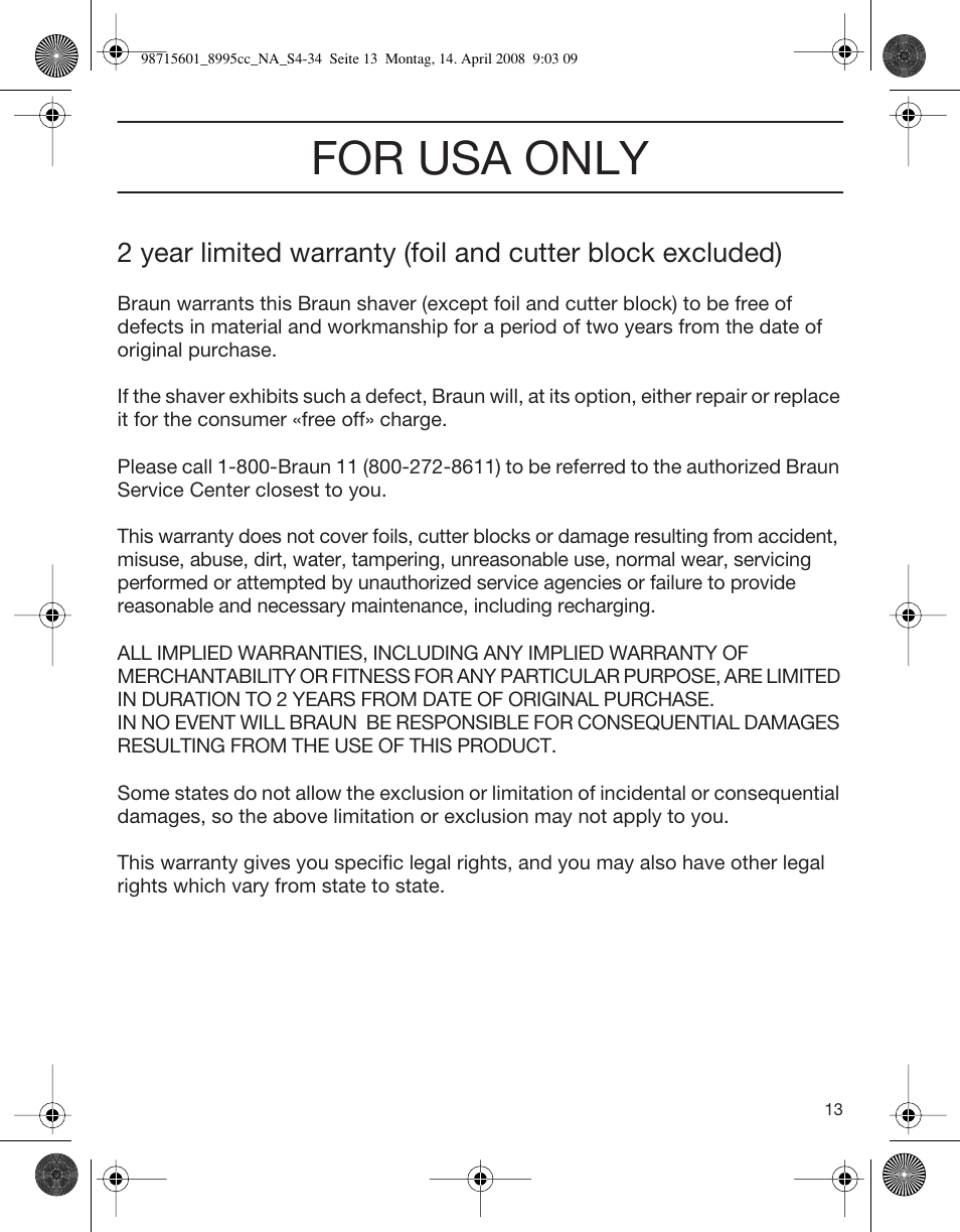 For usa only | Braun 8995 Series 5 User Manual | Page 13 / 34