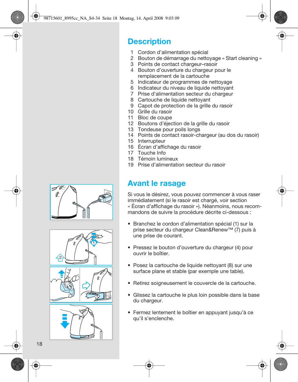 Description, Avant le rasage | Braun 8995 Series 5 User Manual | Page 18 / 34