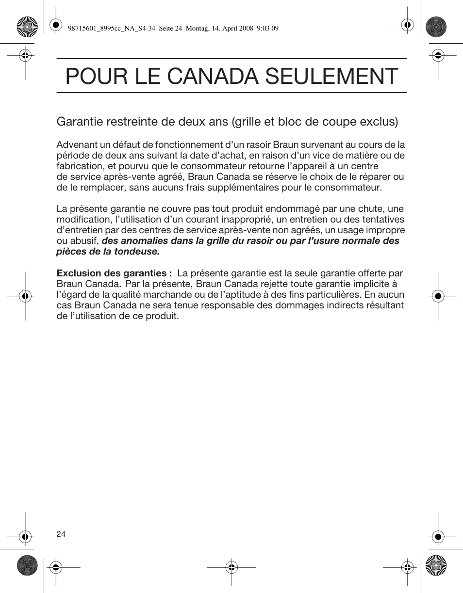 Pour le canada seulement | Braun 8995 Series 5 User Manual | Page 24 / 34