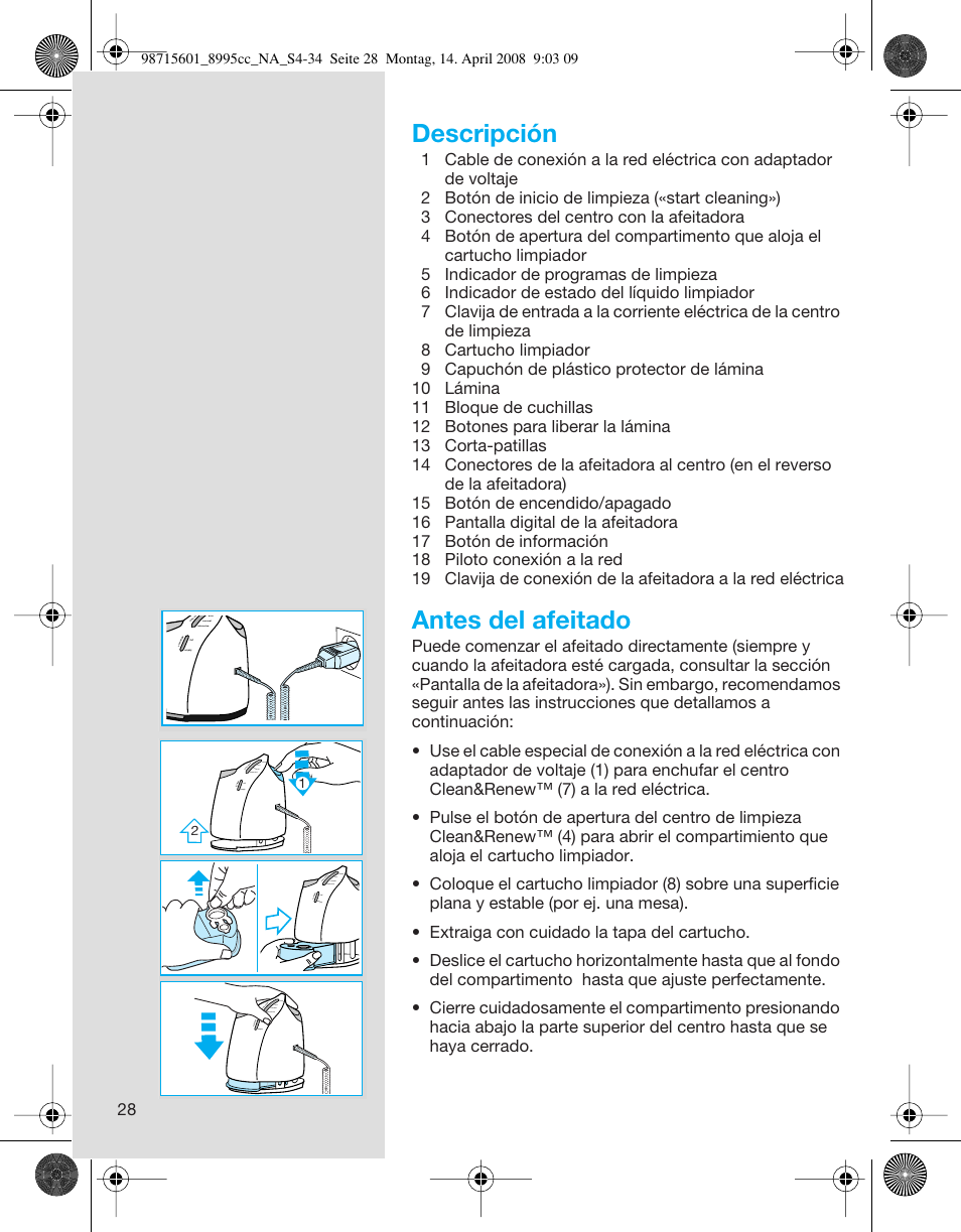 Descripción, Antes del afeitado | Braun 8995 Series 5 User Manual | Page 28 / 34
