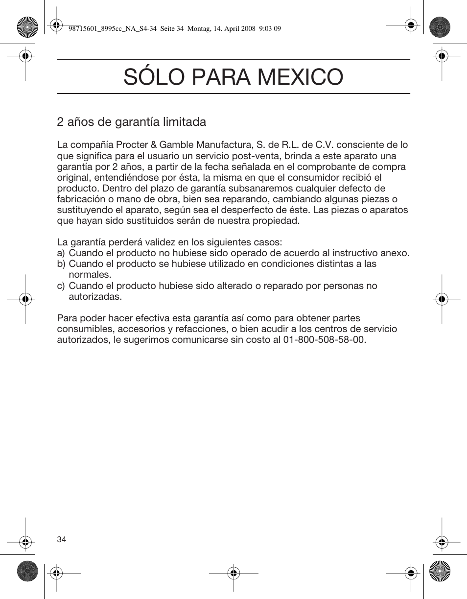 Sólo para mexico, 2 años de garantía limitada | Braun 8995 Series 5 User Manual | Page 34 / 34