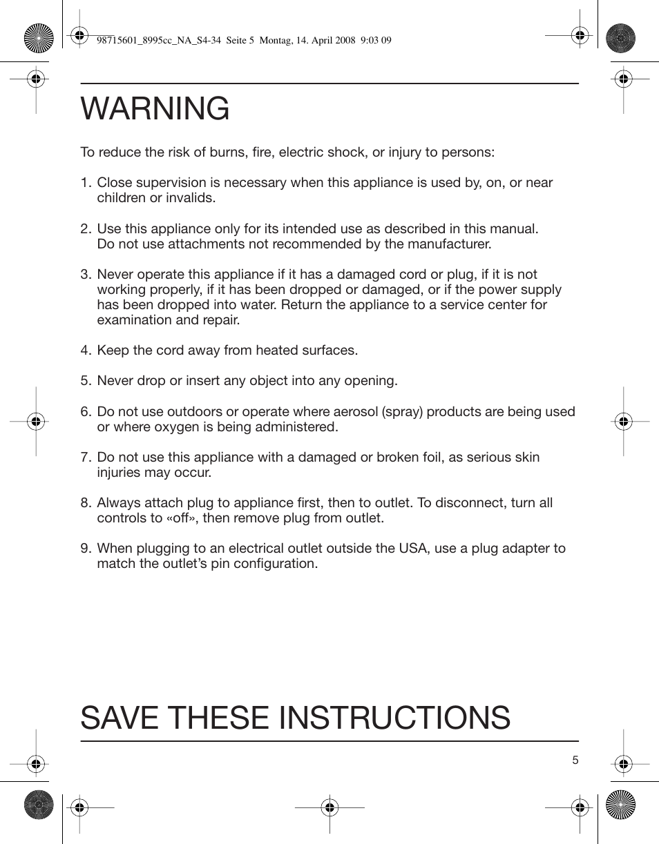 Warning, Save these instructions | Braun 8995 Series 5 User Manual | Page 5 / 34