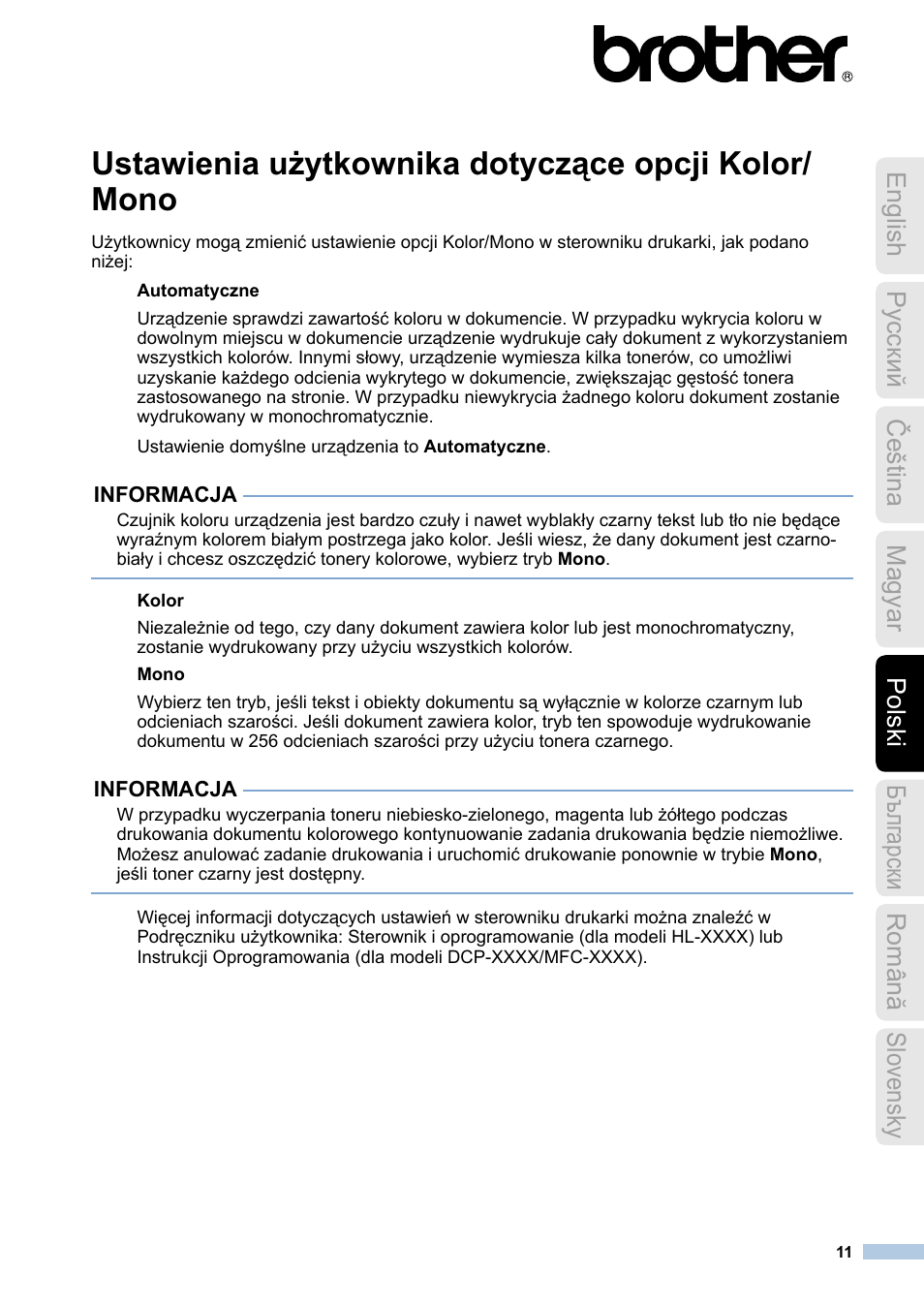 Polski, Ustawienia użytkownika dotyczące opcji kolor/ mono | Brother MFC-9140CDN User Manual | Page 11 / 23