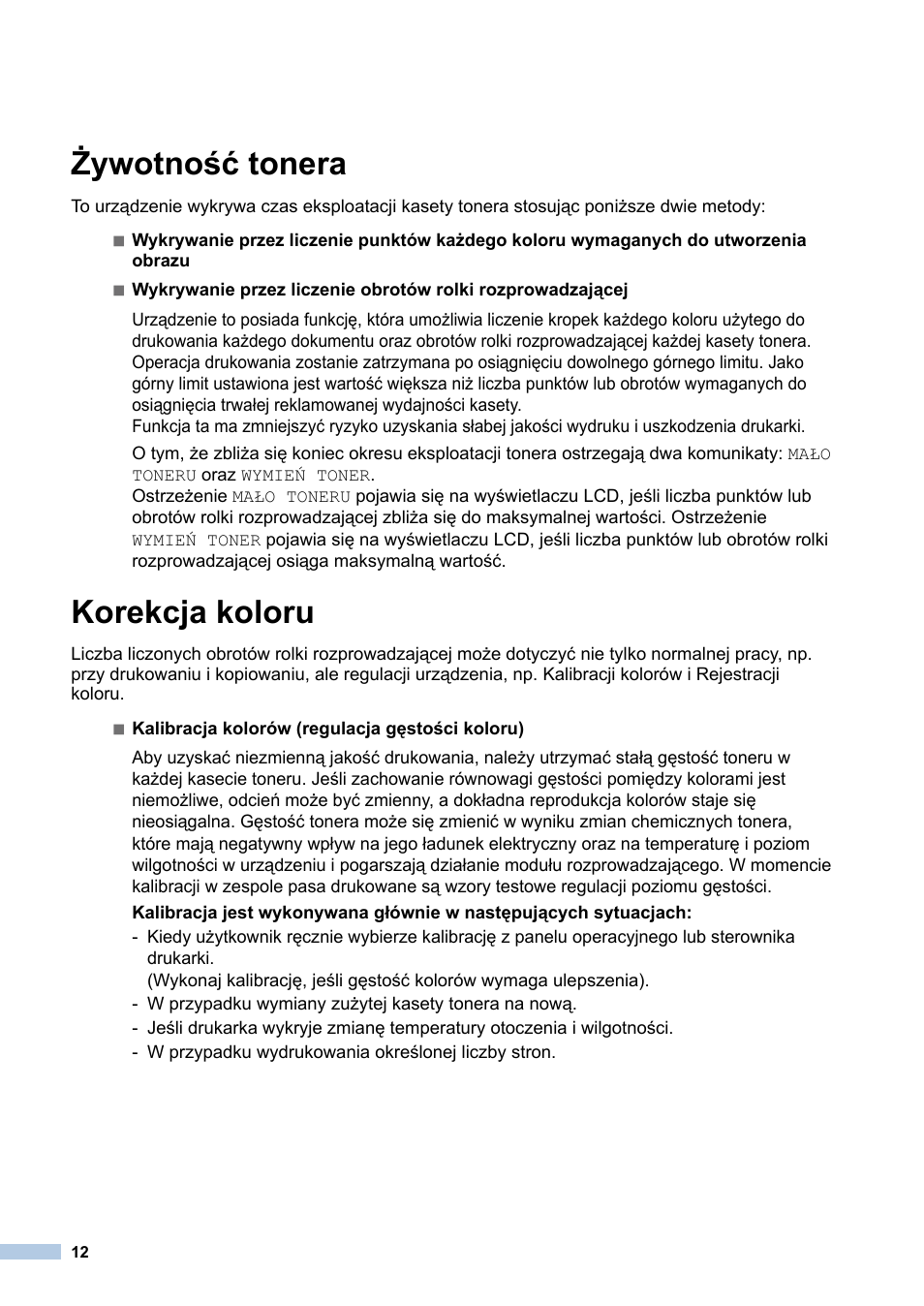 Żywotność tonera, Korekcja koloru | Brother MFC-9140CDN User Manual | Page 12 / 23