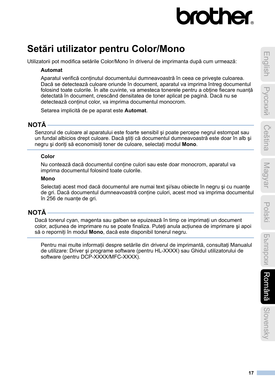Română, Setări utilizator pentru color/mono | Brother MFC-9140CDN User Manual | Page 17 / 23