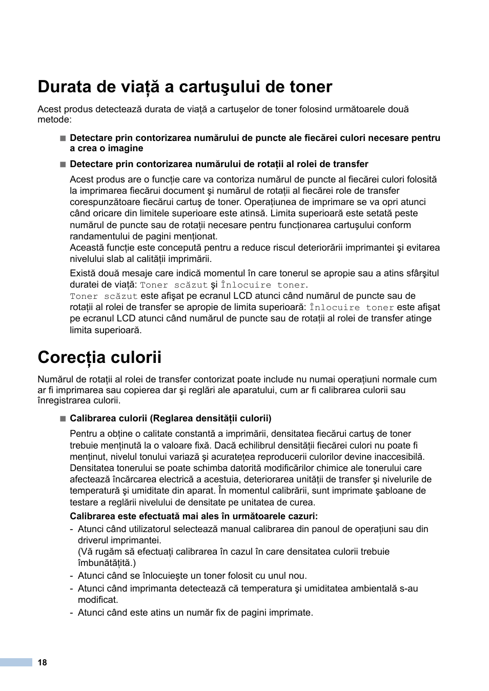 Durata de viaţă a cartuşului de toner, Corecţia culorii | Brother MFC-9140CDN User Manual | Page 18 / 23