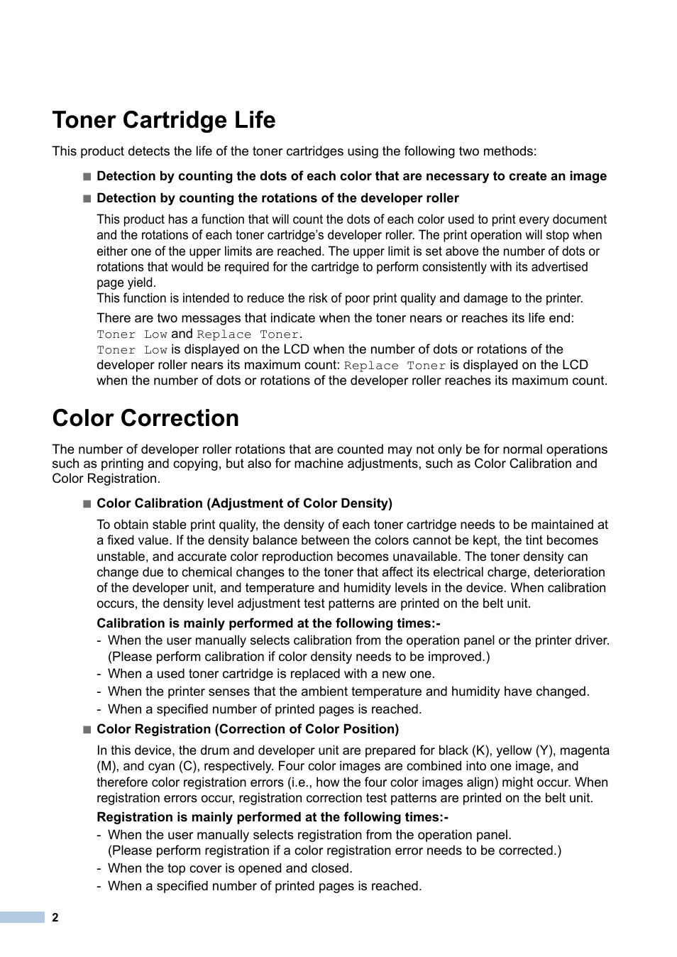 Toner cartridge life, Color correction | Brother MFC-9140CDN User Manual | Page 2 / 23