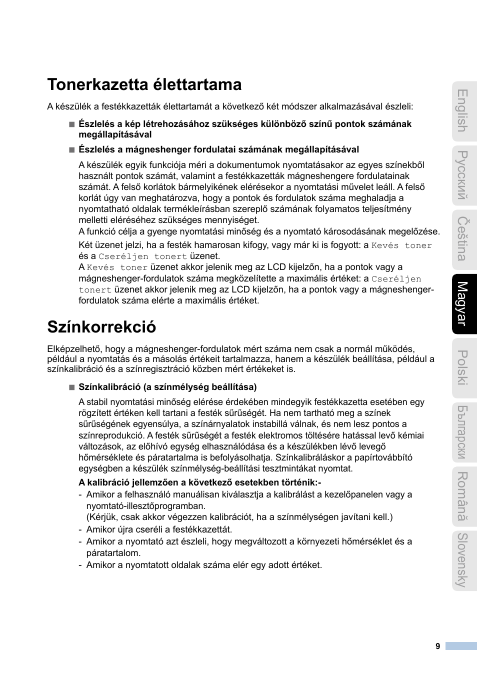 Tonerkazetta élettartama, Színkorrekció | Brother MFC-9140CDN User Manual | Page 9 / 23