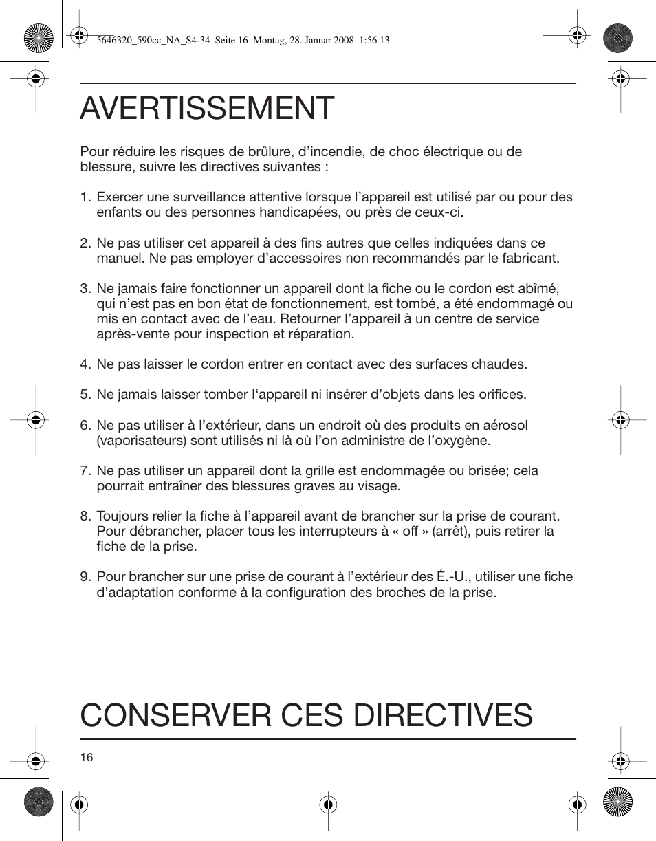 Avertissement, Conserver ces directives | Braun 590cc-5646 Series 5 User Manual | Page 16 / 34