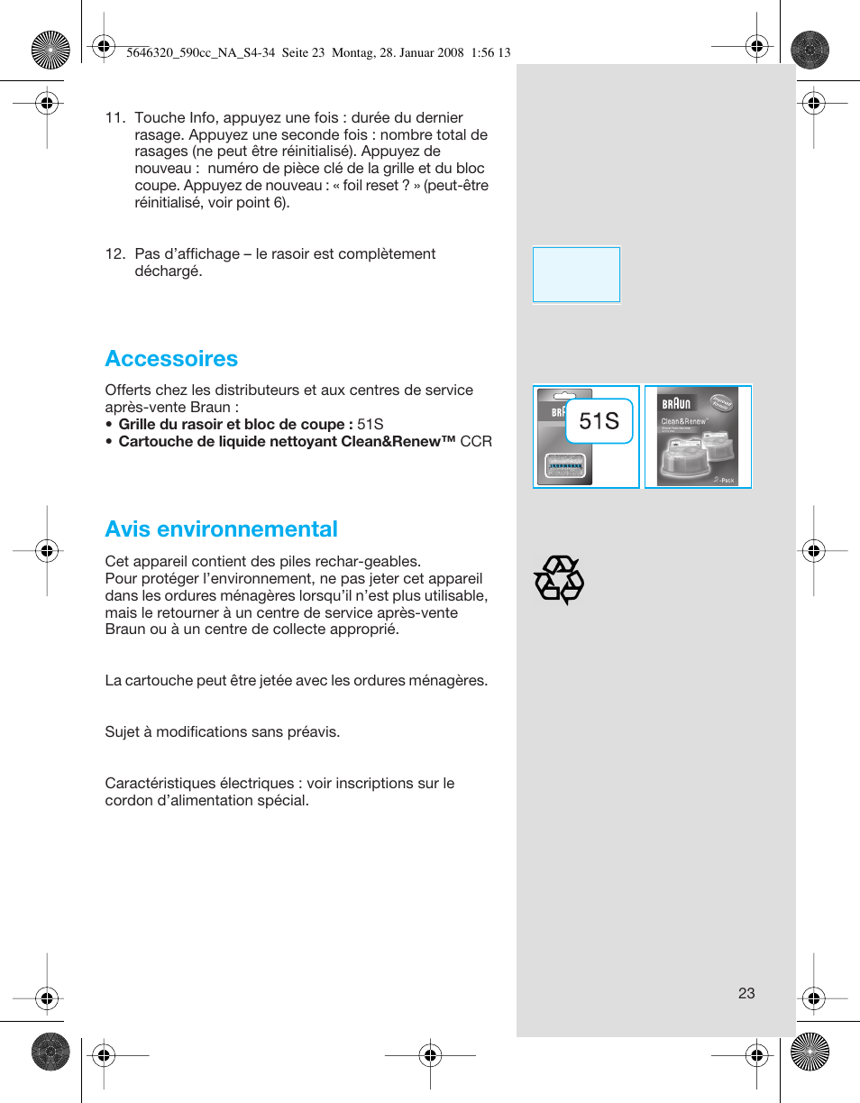Accessoires, Avis environnemental | Braun 590cc-5646 Series 5 User Manual | Page 23 / 34
