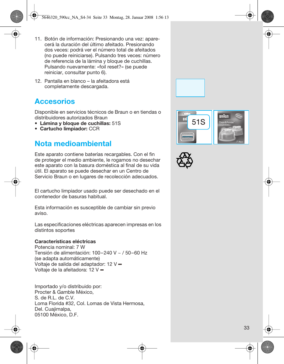 Accesorios, Nota medioambiental | Braun 590cc-5646 Series 5 User Manual | Page 33 / 34
