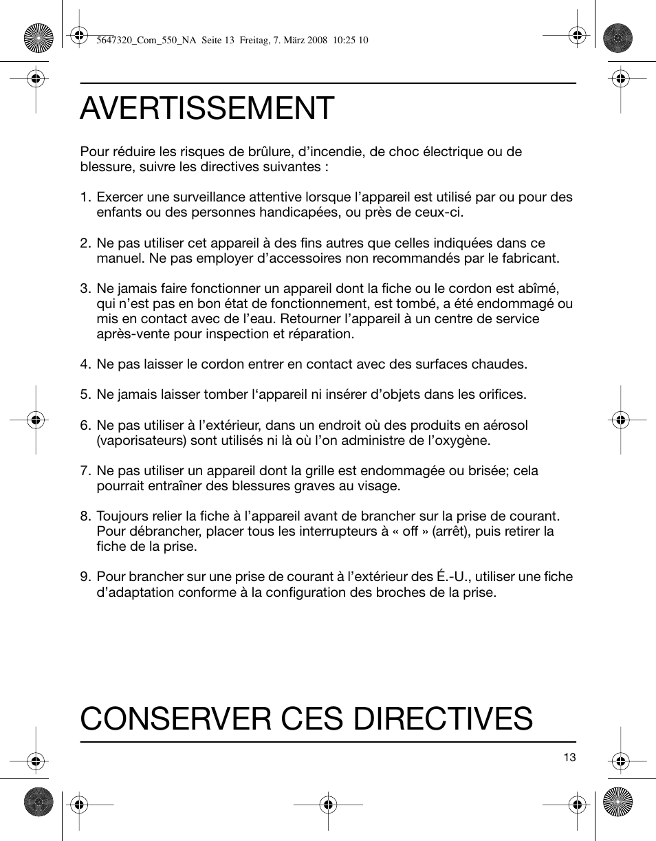 Avertissement, Conserver ces directives | Braun 550-5647 Series 5 User Manual | Page 13 / 26