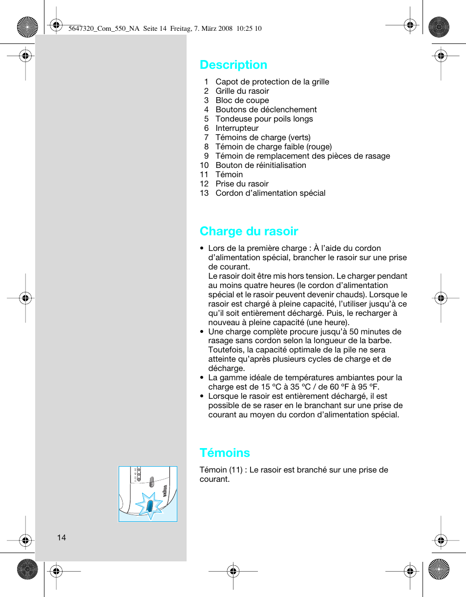 Description, Charge du rasoir, Témoins | Braun 550-5647 Series 5 User Manual | Page 14 / 26