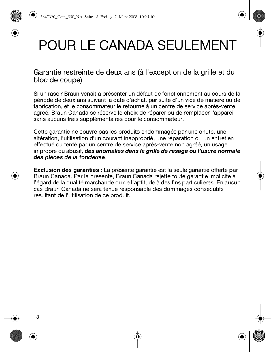 Pour le canada seulement | Braun 550-5647 Series 5 User Manual | Page 18 / 26