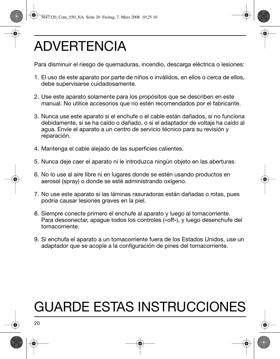 Advertencia, Guarde estas instrucciones | Braun 550-5647 Series 5 User Manual | Page 20 / 26