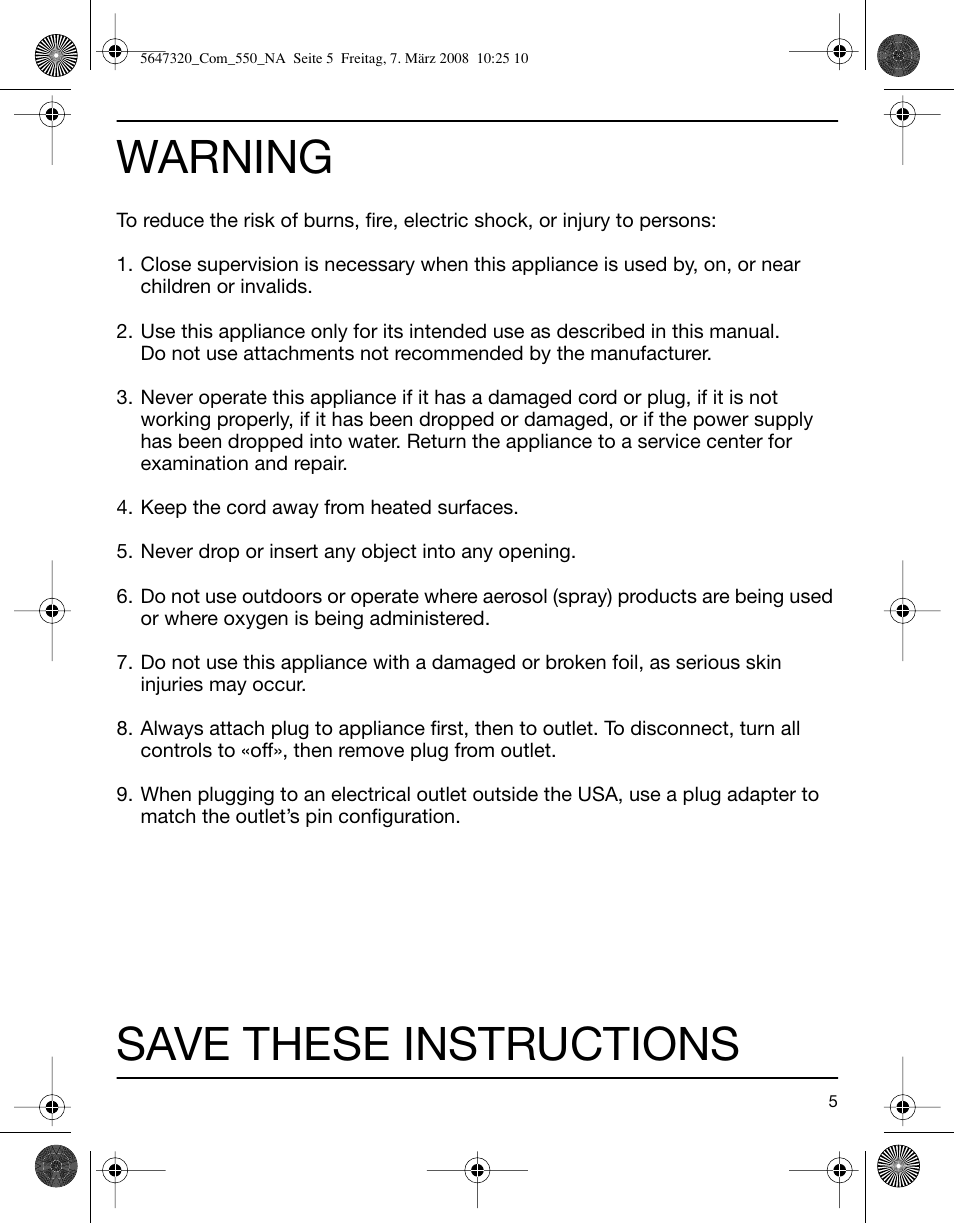 Warning, Save these instructions | Braun 550-5647 Series 5 User Manual | Page 5 / 26