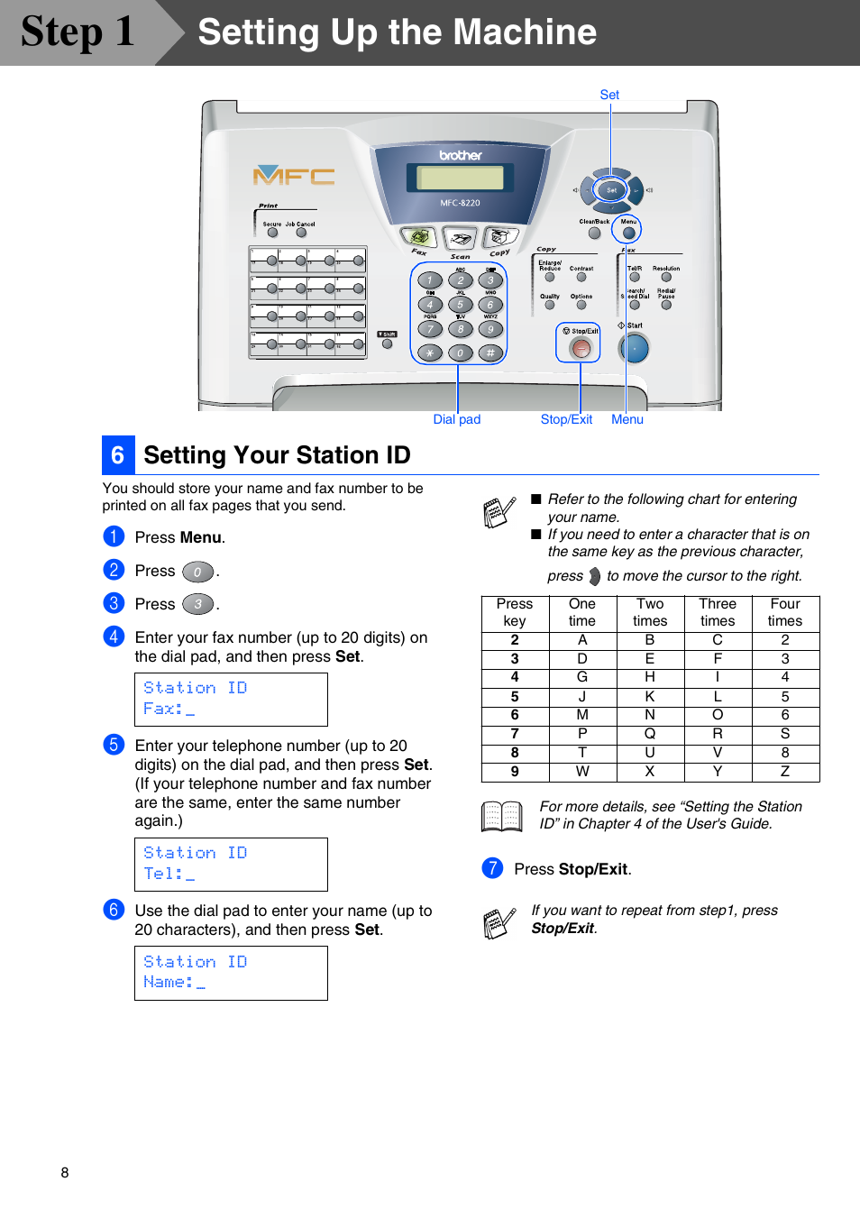 6 setting your station id, Setting your station id, Step 1 | Setting up the machine, 6setting your station id | Brother MFC 8220 User Manual | Page 10 / 59