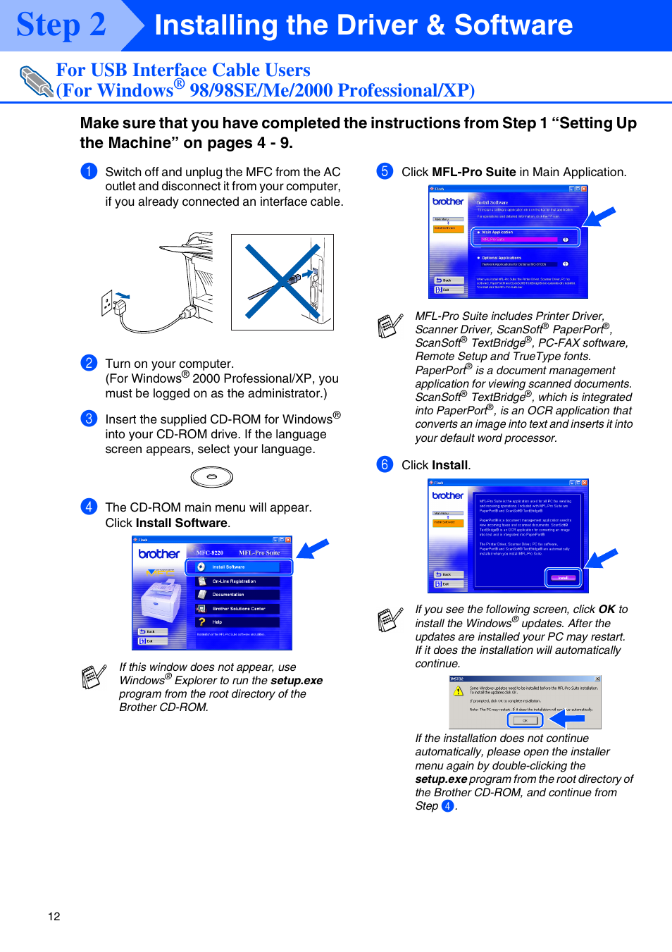 For windows, 98/98se/me/2000 professional/xp), Step 2 | Installing the driver & software, For usb interface cable users (for windows | Brother MFC 8220 User Manual | Page 14 / 59