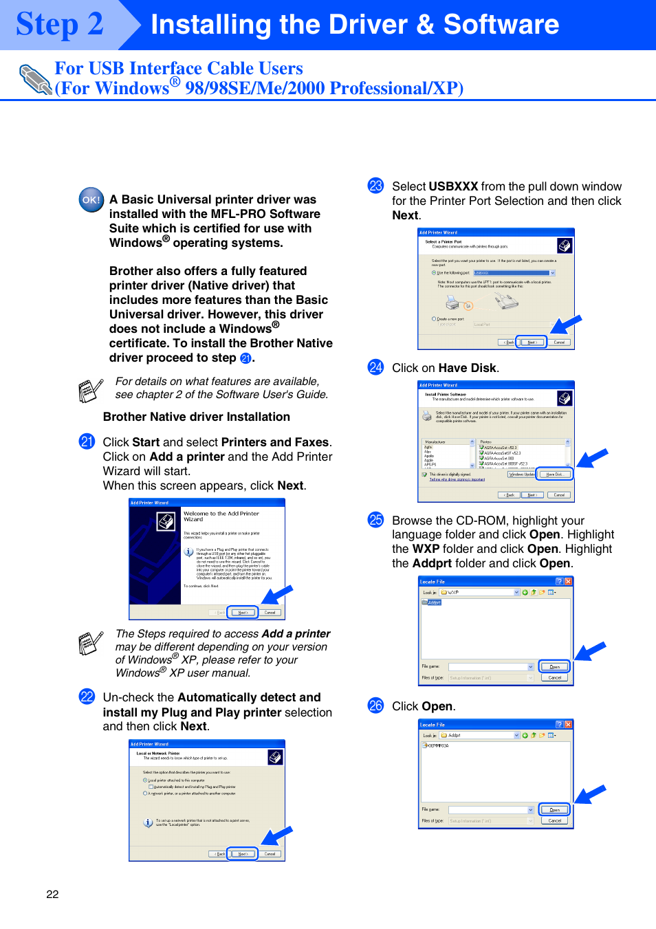 Step 2, Installing the driver & software, For usb interface cable users (for windows | Brother MFC 8220 User Manual | Page 24 / 59