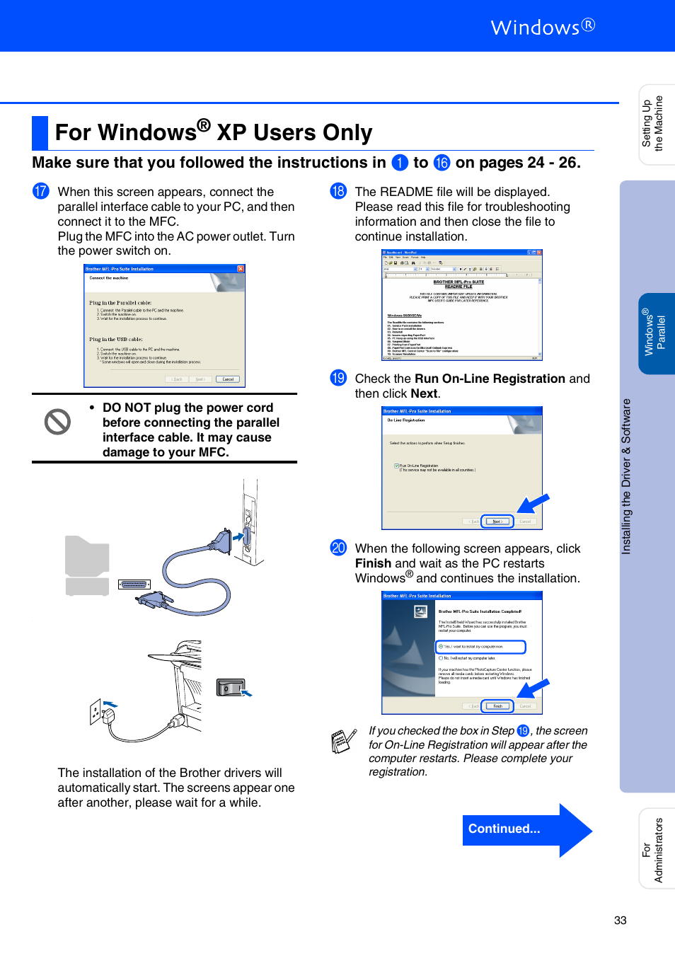 For windows® xp users only, For windows, Xp users only | Windows, Xp users, Make sure that you followed the instructions in, On pages 24 - 26 | Brother MFC 8220 User Manual | Page 35 / 59