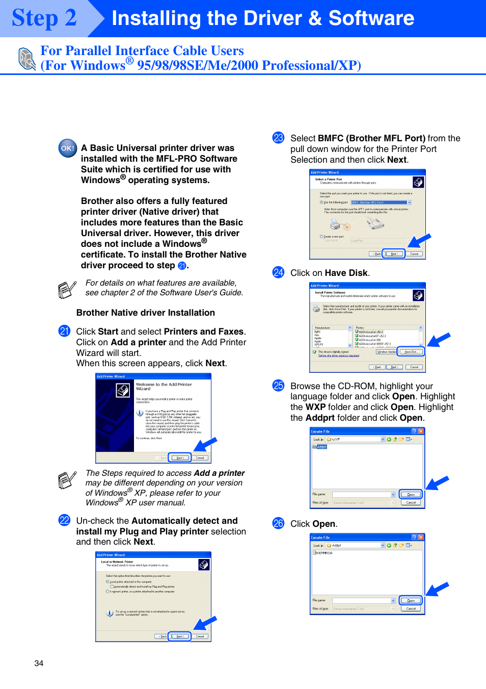 Step 2, Installing the driver & software, For parallel interface cable users (for windows | Brother MFC 8220 User Manual | Page 36 / 59