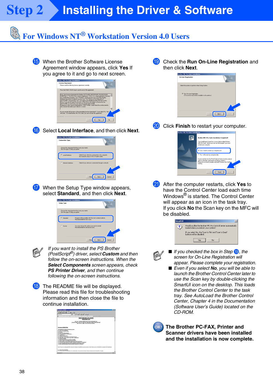 Step 2, Installing the driver & software, For windows nt | Workstation version 4.0 users | Brother MFC 8220 User Manual | Page 40 / 59