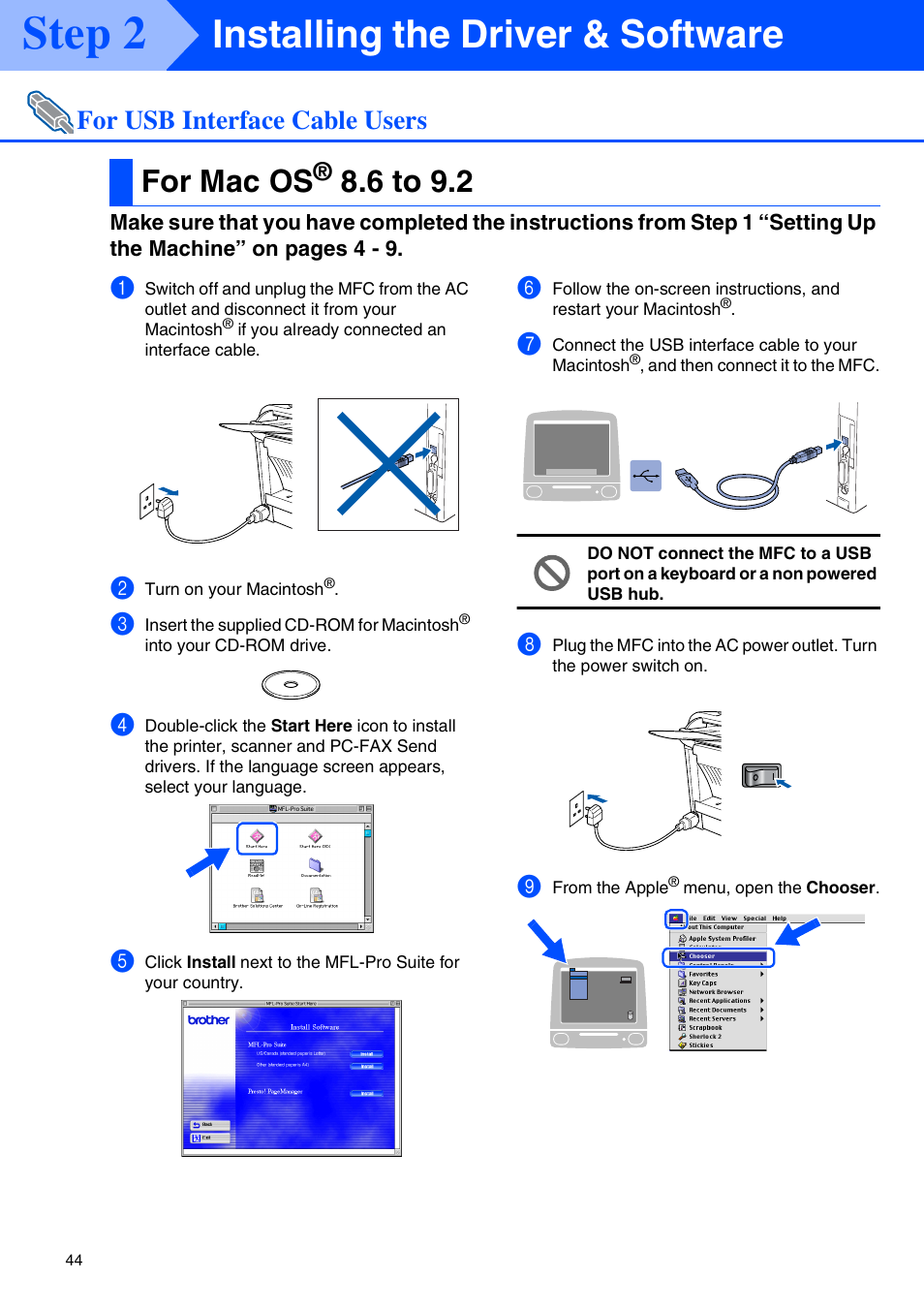 For usb interface cable users, For mac os® 8.6 to 9.2, For mac os | 6 to 9.2, Step 2, Installing the driver & software | Brother MFC 8220 User Manual | Page 46 / 59