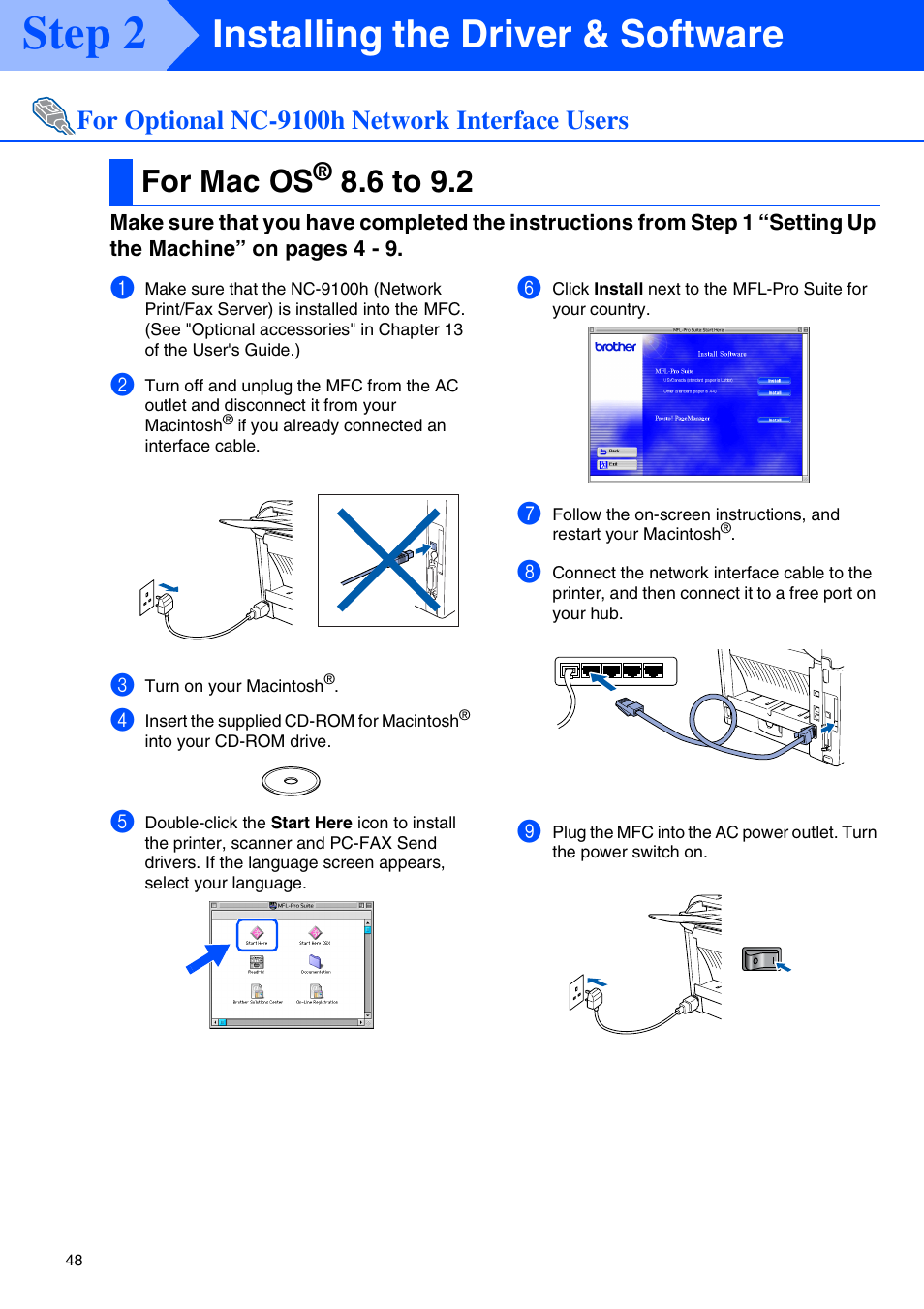 For optional nc-9100h network interface users, For mac os® 8.6 to 9.2, For mac os | 6 to 9.2, Step 2, Installing the driver & software | Brother MFC 8220 User Manual | Page 50 / 59