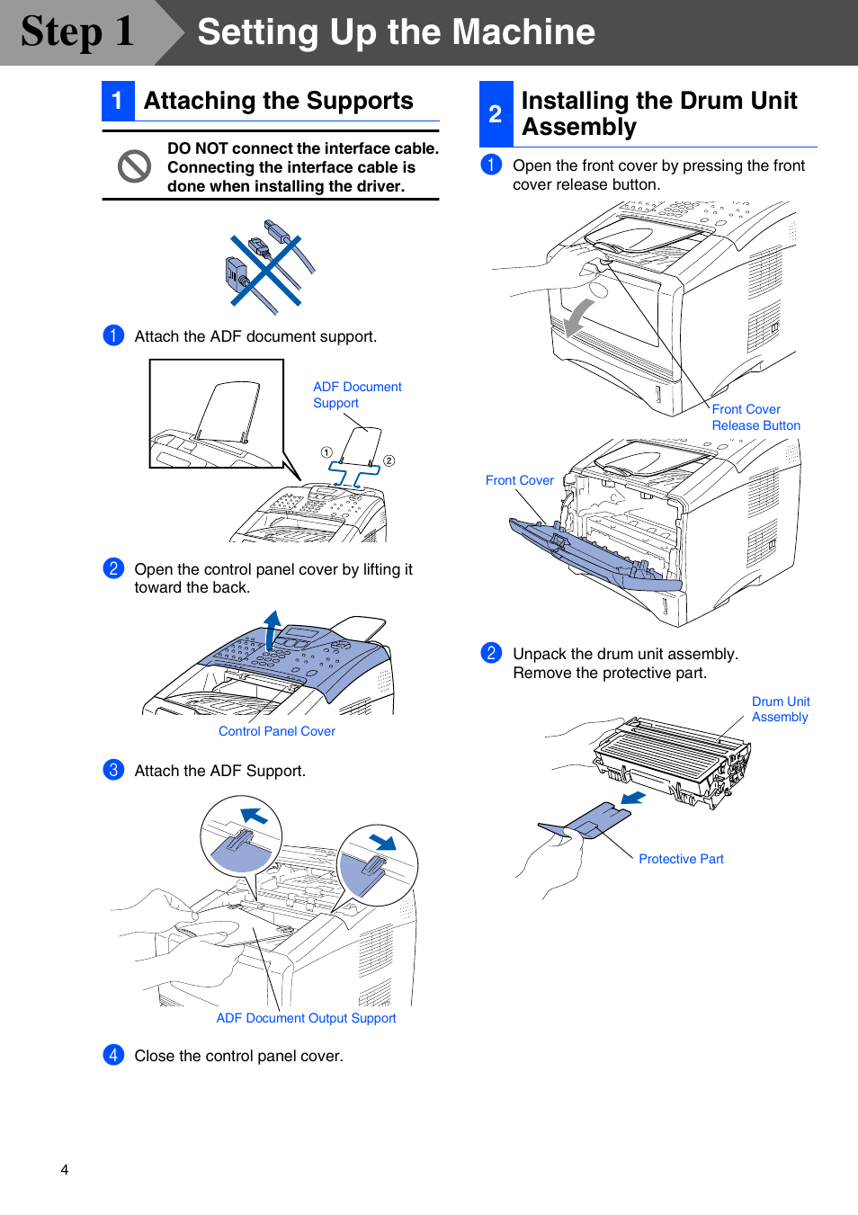 Step1 setting up the machine, 1 attaching the supports, 2 installing the drum unit assembly | Setting up the machine, Attaching the supports, Installing the drum unit assembly, Step 1, 1attaching the supports, 2installing the drum unit assembly | Brother MFC 8220 User Manual | Page 6 / 59