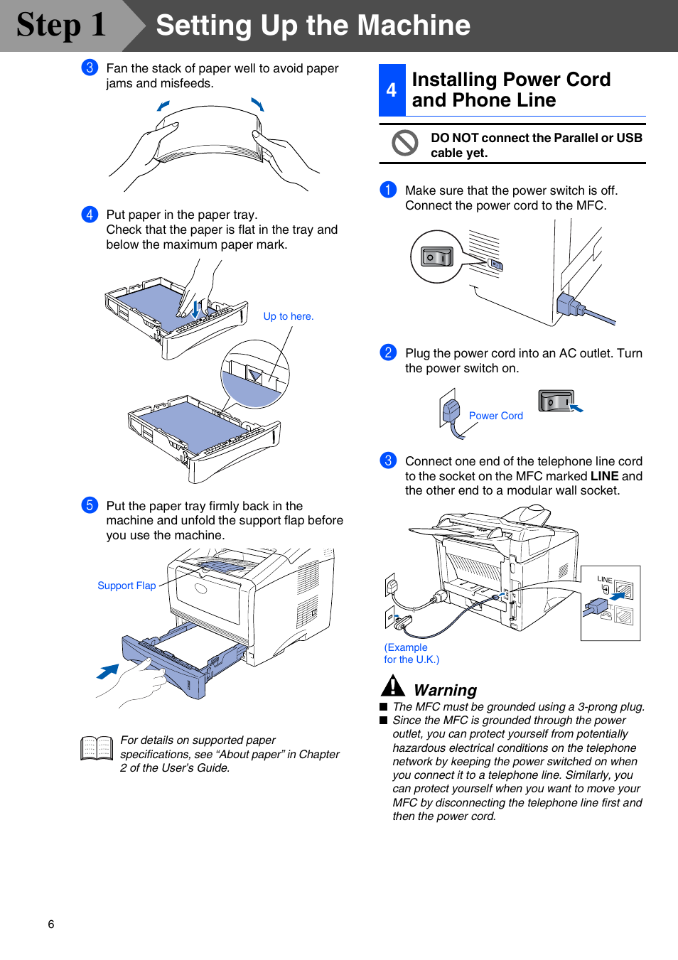 4 installing power cord and phone line, Installing power cord and phone line, Step 1 | Setting up the machine, 4installing power cord and phone line | Brother MFC 8220 User Manual | Page 8 / 59