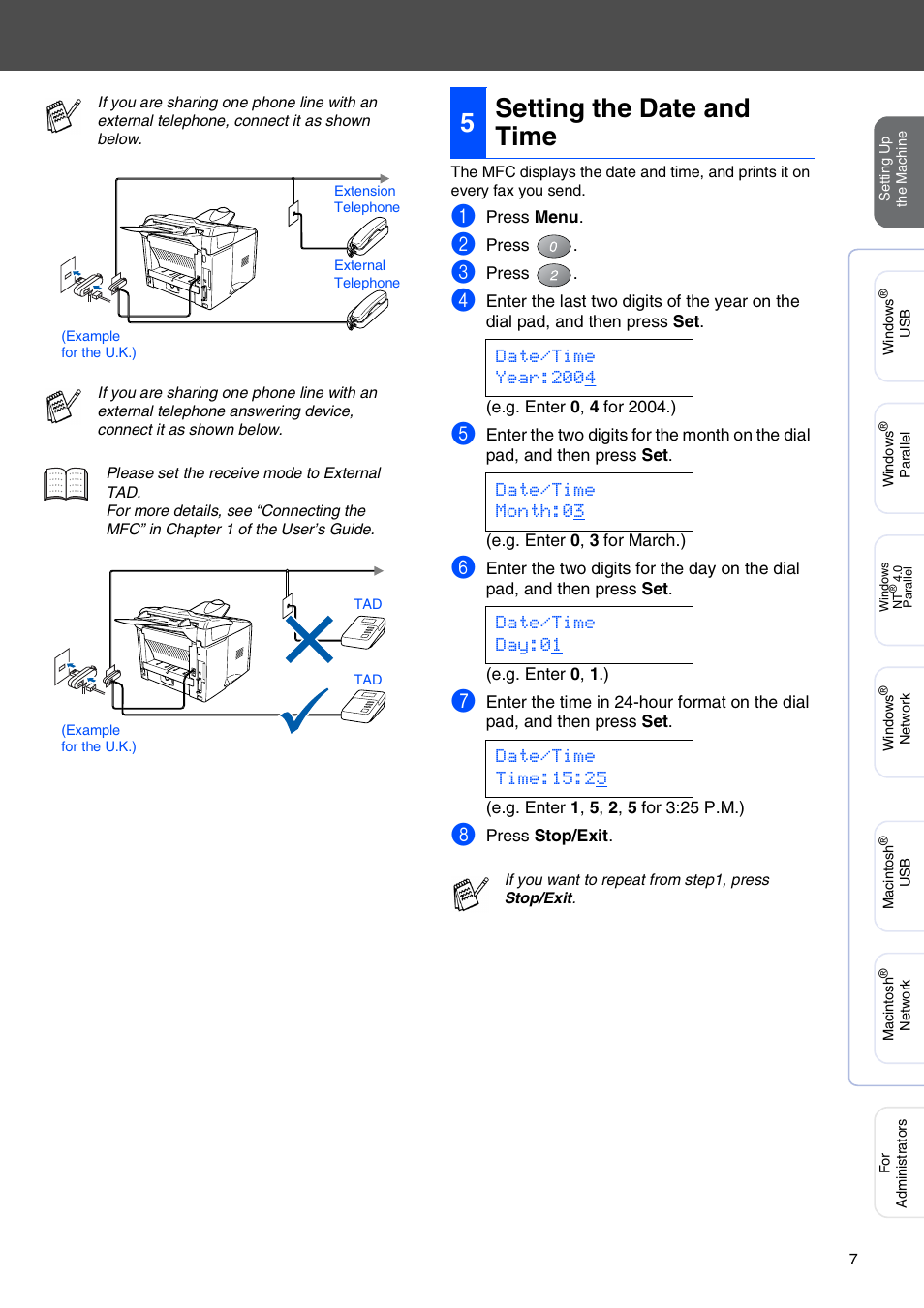 5 setting the date and time, Setting the date and time, 5setting the date and time | Brother MFC 8220 User Manual | Page 9 / 59