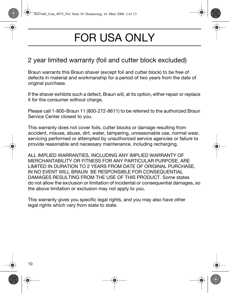 For usa only | Braun 8975 360°Complete Solo User Manual | Page 10 / 26