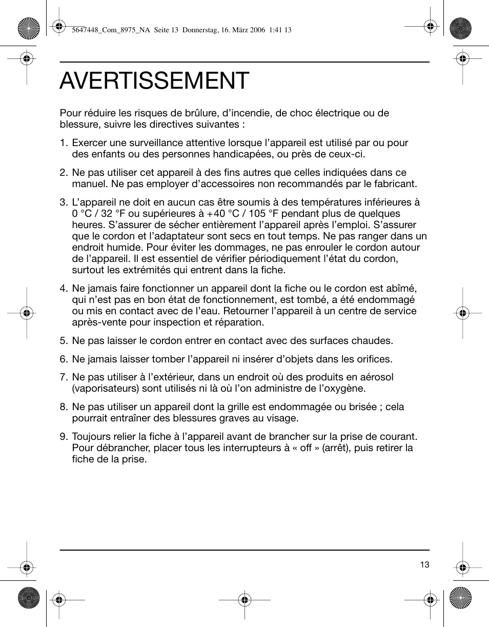 Avertissement | Braun 8975 360°Complete Solo User Manual | Page 13 / 26