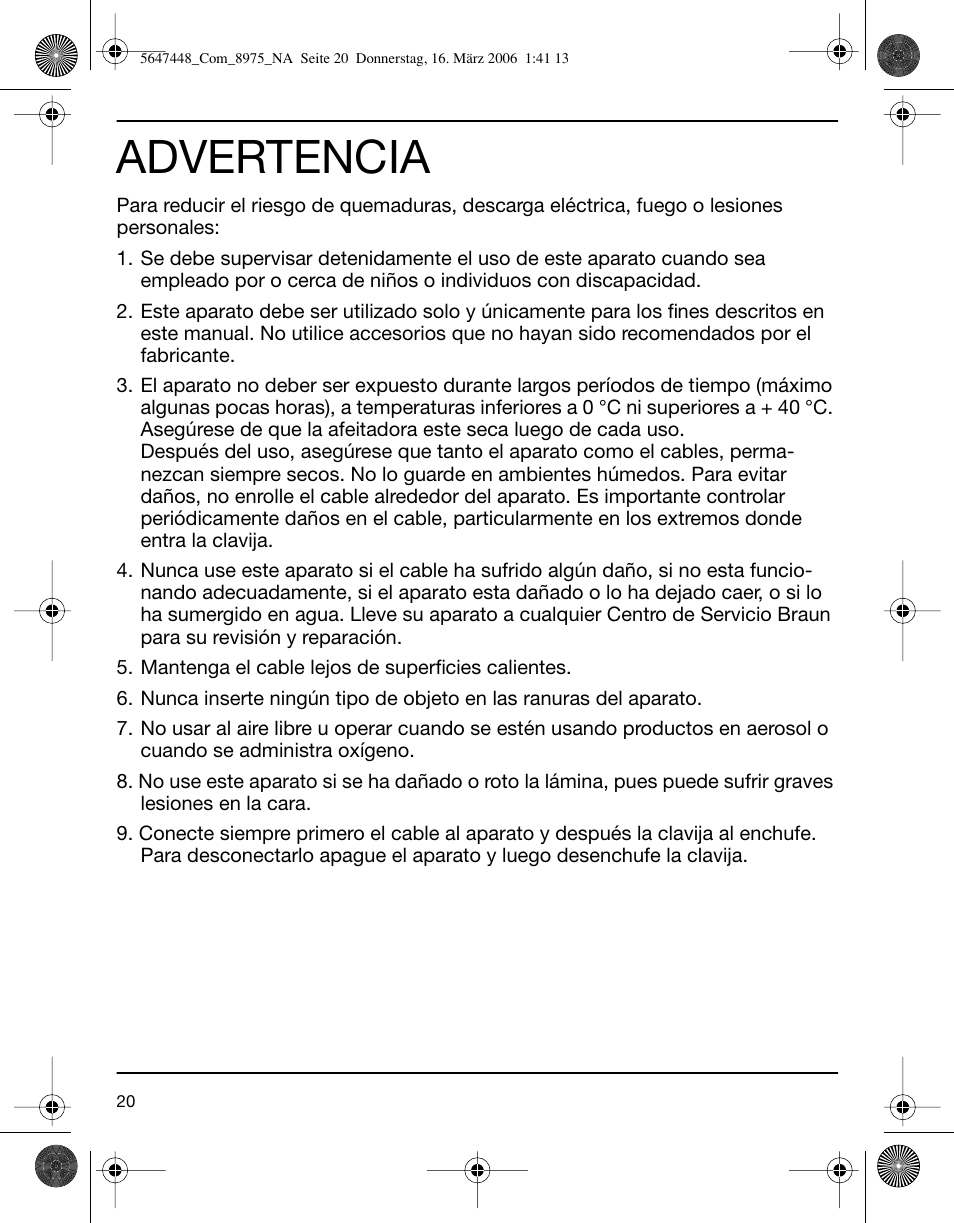 Advertencia | Braun 8975 360°Complete Solo User Manual | Page 20 / 26
