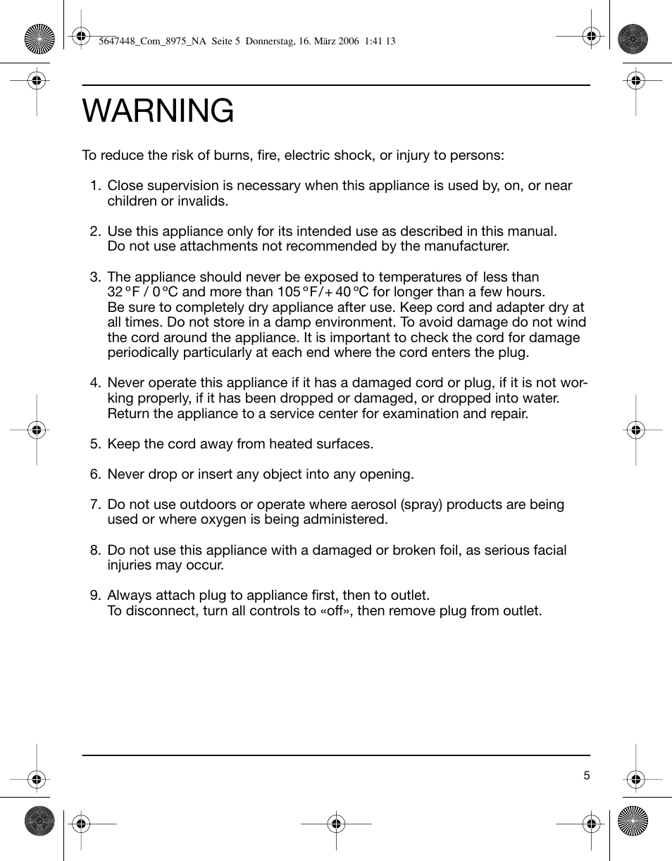 Warning | Braun 8975 360°Complete Solo User Manual | Page 5 / 26