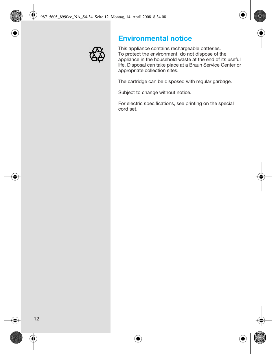 Environmental notice | Braun 8990 360°Complete, Series 5 User Manual | Page 12 / 34