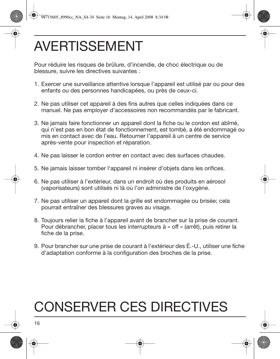 Avertissement, Conserver ces directives | Braun 8990 360°Complete, Series 5 User Manual | Page 16 / 34