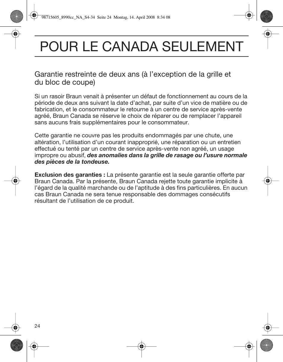 Pour le canada seulement | Braun 8990 360°Complete, Series 5 User Manual | Page 24 / 34