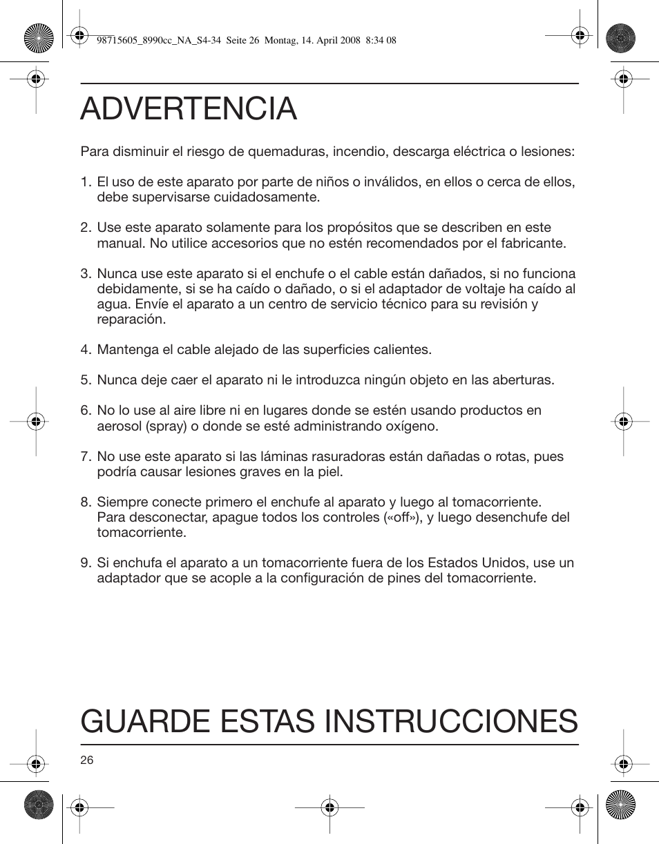 Advertencia, Guarde estas instrucciones | Braun 8990 360°Complete, Series 5 User Manual | Page 26 / 34