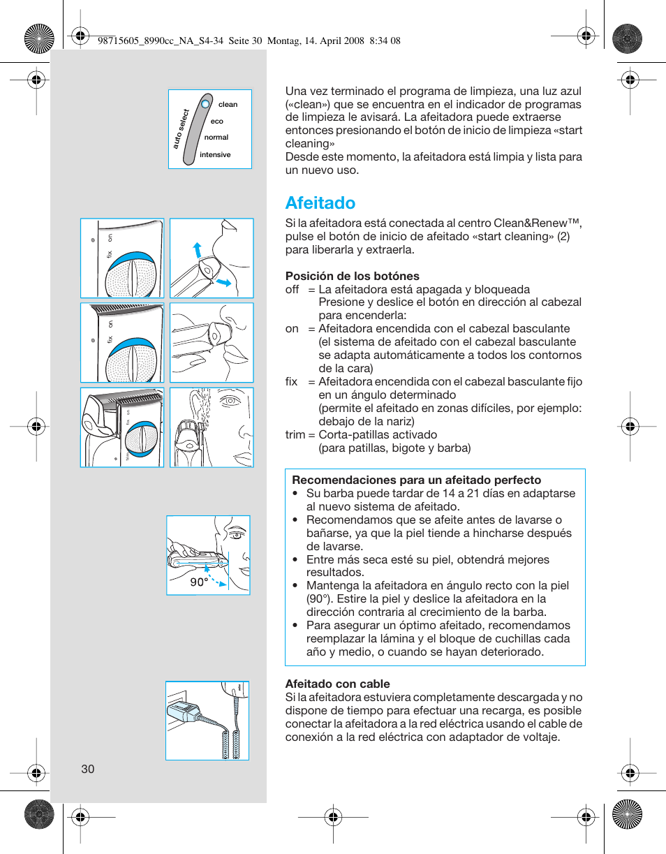 Afeitado | Braun 8990 360°Complete, Series 5 User Manual | Page 30 / 34