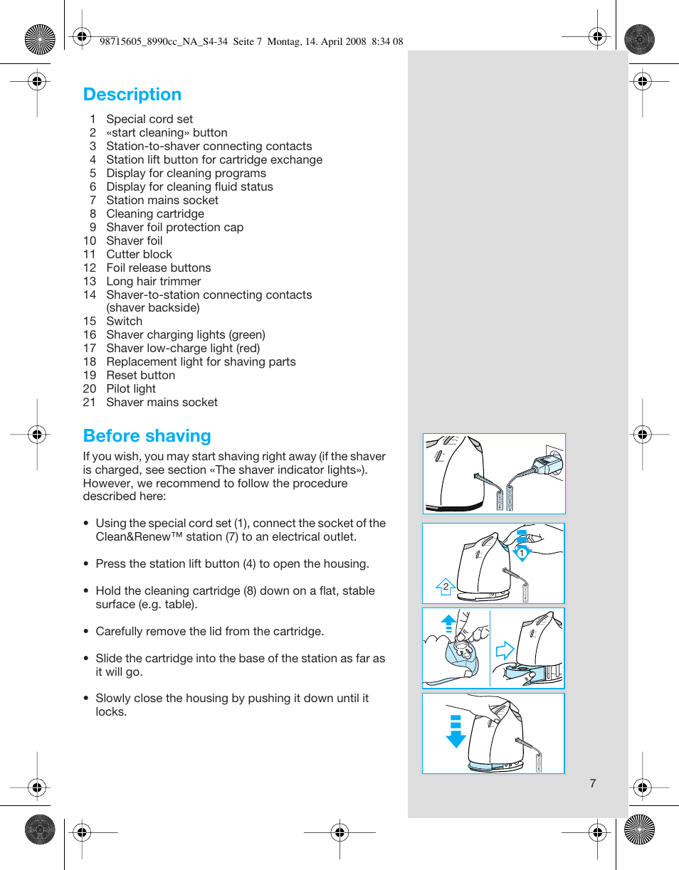 Description, Before shaving | Braun 8990 360°Complete, Series 5 User Manual | Page 7 / 34