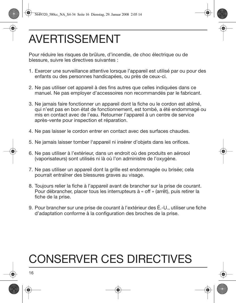 Avertissement, Conserver ces directives | Braun 570cc-5649 Series 5 User Manual | Page 16 / 34