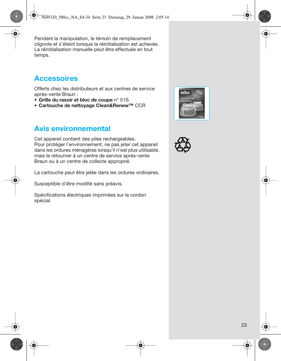 Accessoires, Avis environnemental | Braun 570cc-5649 Series 5 User Manual | Page 23 / 34