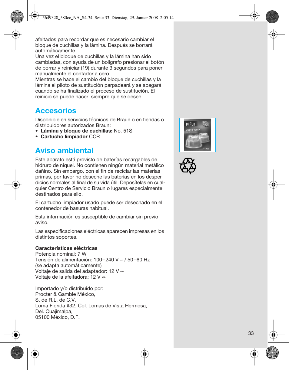 Accesorios, Aviso ambiental | Braun 570cc-5649 Series 5 User Manual | Page 33 / 34