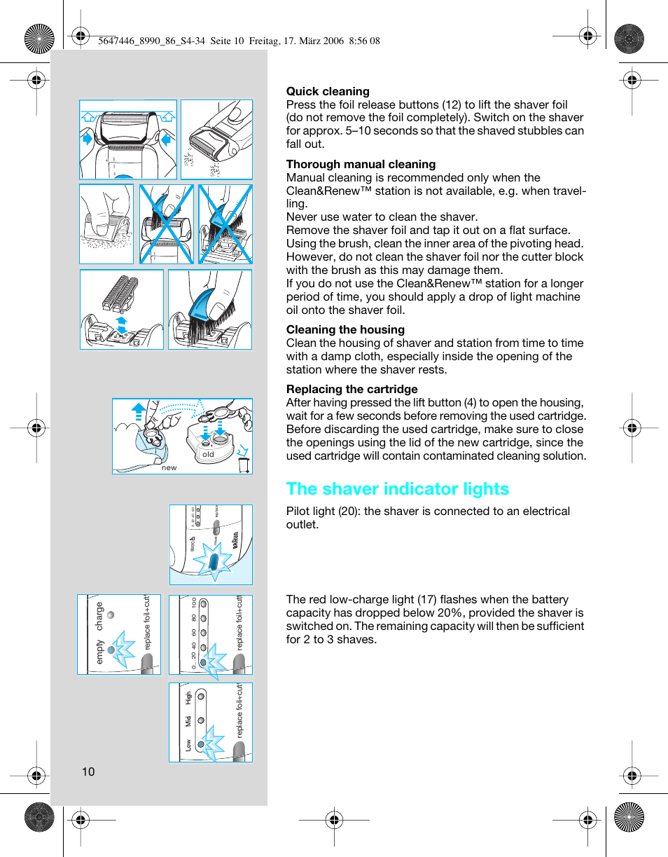 The shaver indicator lights | Braun 8985 360°Complete User Manual | Page 10 / 34