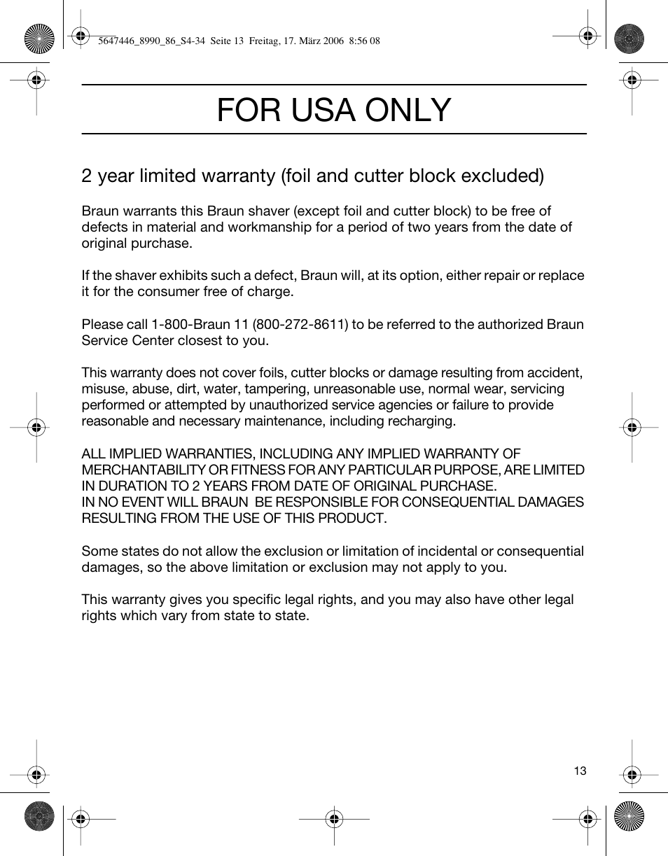 For usa only | Braun 8985 360°Complete User Manual | Page 13 / 34