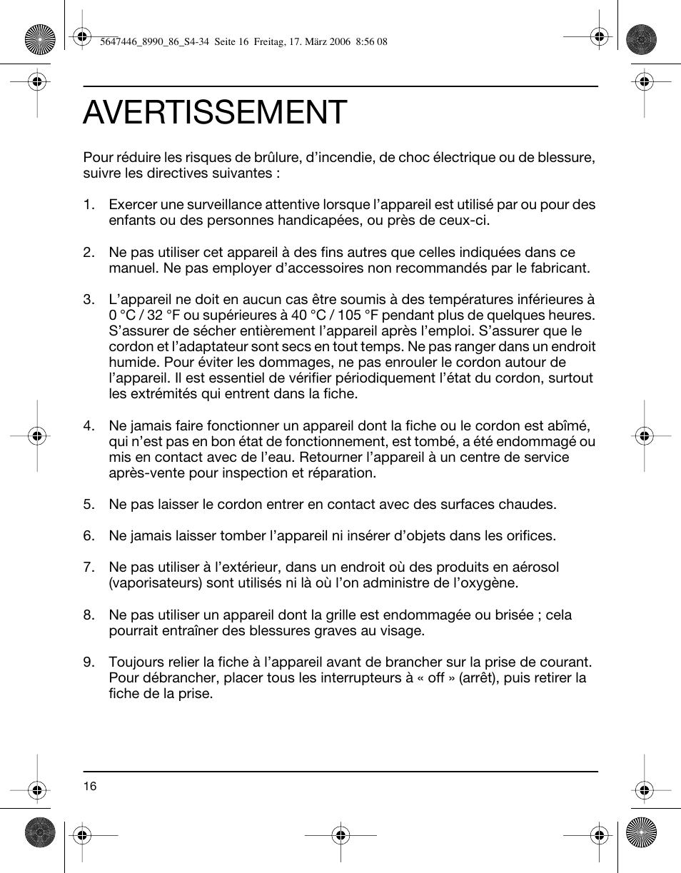 Avertissement | Braun 8985 360°Complete User Manual | Page 16 / 34