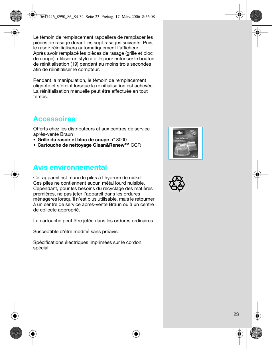 Accessoires, Avis environnemental | Braun 8985 360°Complete User Manual | Page 23 / 34