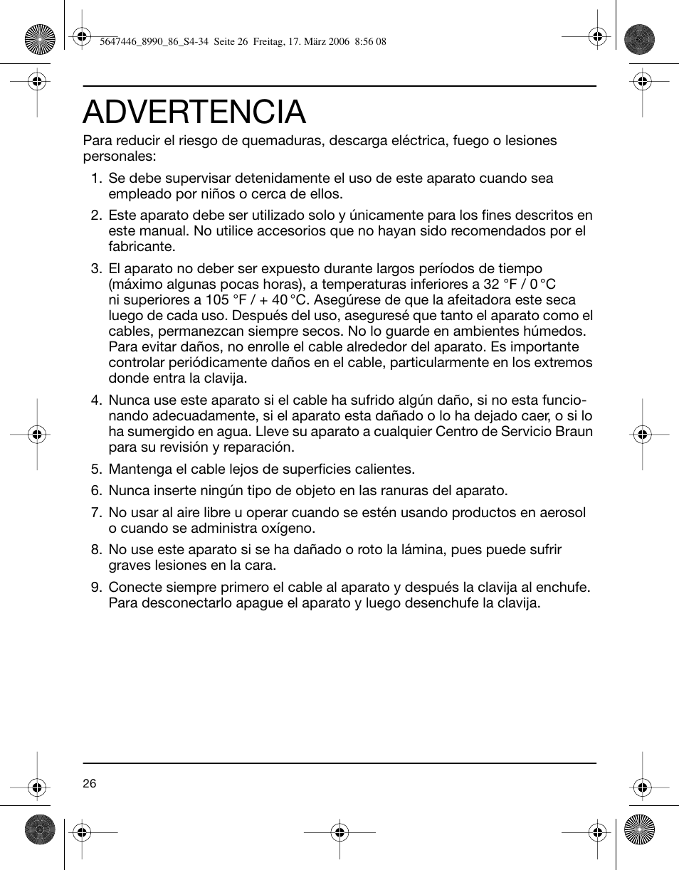 Advertencia | Braun 8985 360°Complete User Manual | Page 26 / 34