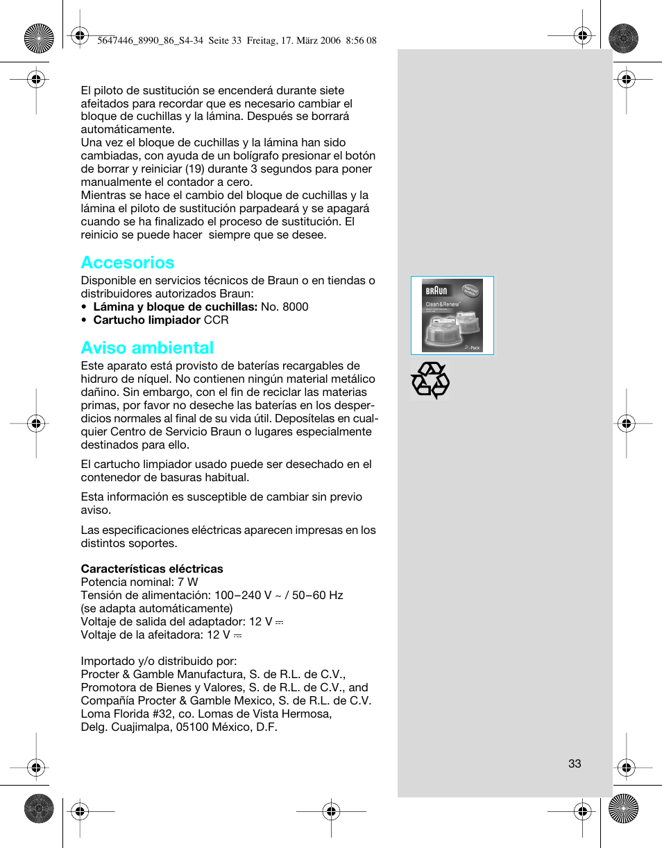 Accesorios, Aviso ambiental | Braun 8985 360°Complete User Manual | Page 33 / 34